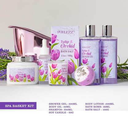 Tulip & Orchid Mother'S Day Gifts for Women, Bath and Body Gift Basket, Spa Gift Basket, Spa Kit, Self-Care Set, Spa Kit for Women Gift Set, Birthday, Christmas, Mom Gift, Anniversary, Bath Gift Set